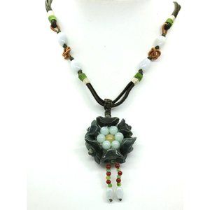 CHINESE/ASIAN birds/nest/eggs jade jadite necklace silk cord 2 side handmade 27"